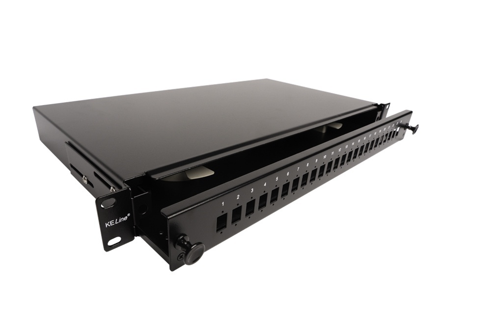 Sliding patch panel for 24 x SC-SC, LC-LC Duplex or LSH-LSH adapters, removable front panel