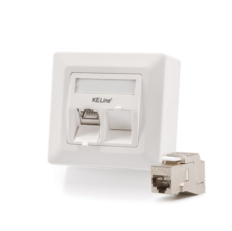 Modulo50 outlet, Category 6A, 2xRJ45/s, wall-mounted, KEJ-C6A-S-10G keystones included